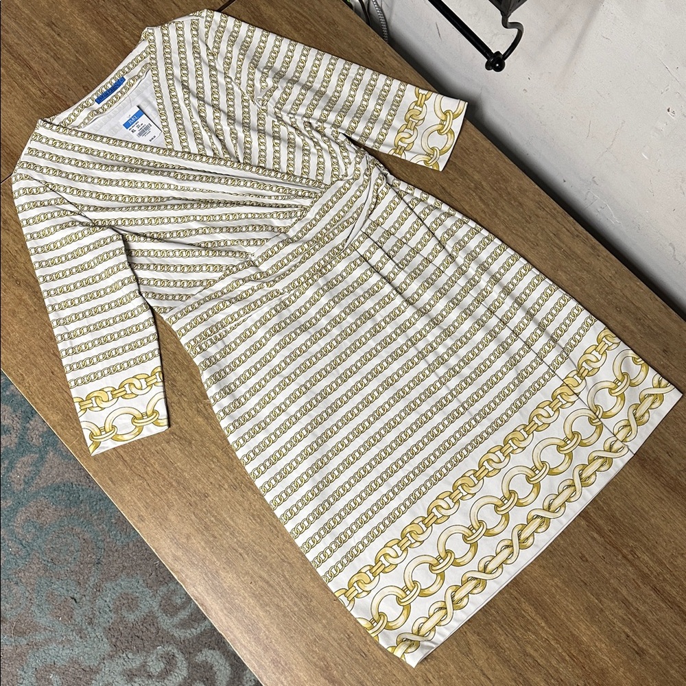 J. McLaughlin nwt Brea wrap gold optic link chain print white stretchy dress - Picture 3 of 9